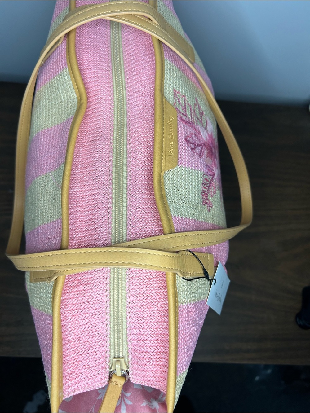 Vera Bradley NWT Candy Pink Stripe Straw Beach Tote Floral Woven Large Zip Bag - Picture 8 of 12